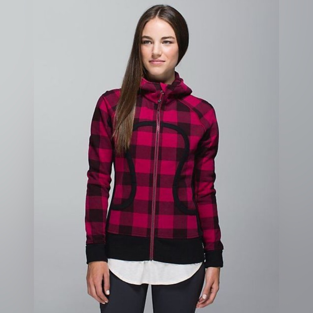 lululemon athletica Pink and Black Buffalo Plaid Full-Zip Hoodie Sweater